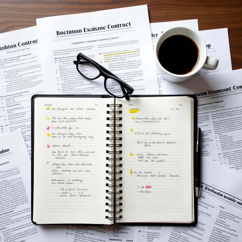 Primer plano de un escritorio con documentos bancarios, contratos anotados y un cuaderno con notas educativas