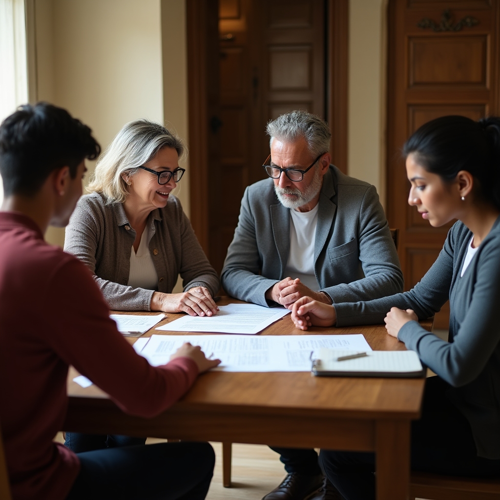 Ecuadorian family carefully reviewing a bank contract document at a table