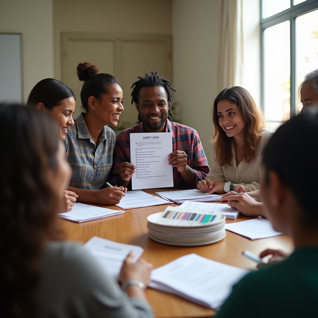 Engaged group of adults participating in a financial literacy workshop, reviewing printed materials at round tables