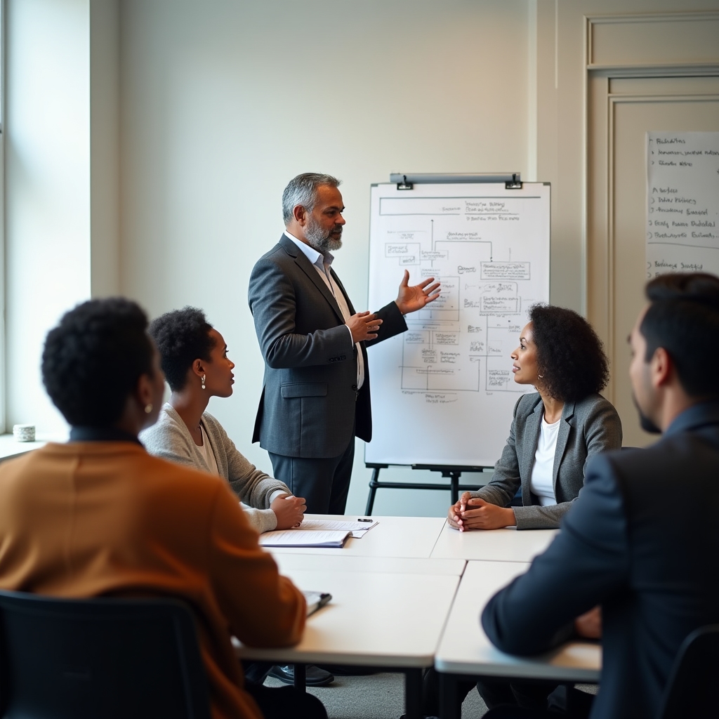 Educador financiero explicando conceptos bancarios a un pequeño grupo atento en una oficina iluminada