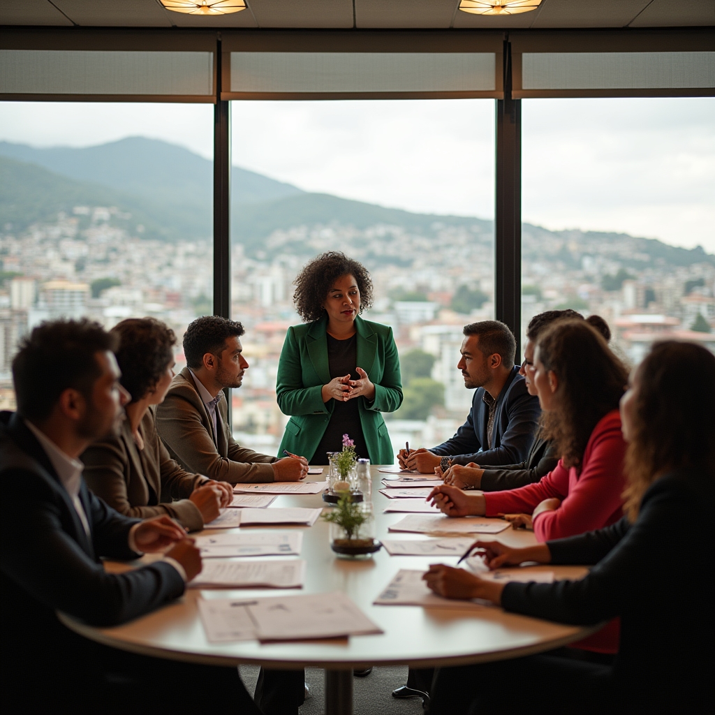 Group workshop session on financial literacy in a modern meeting room